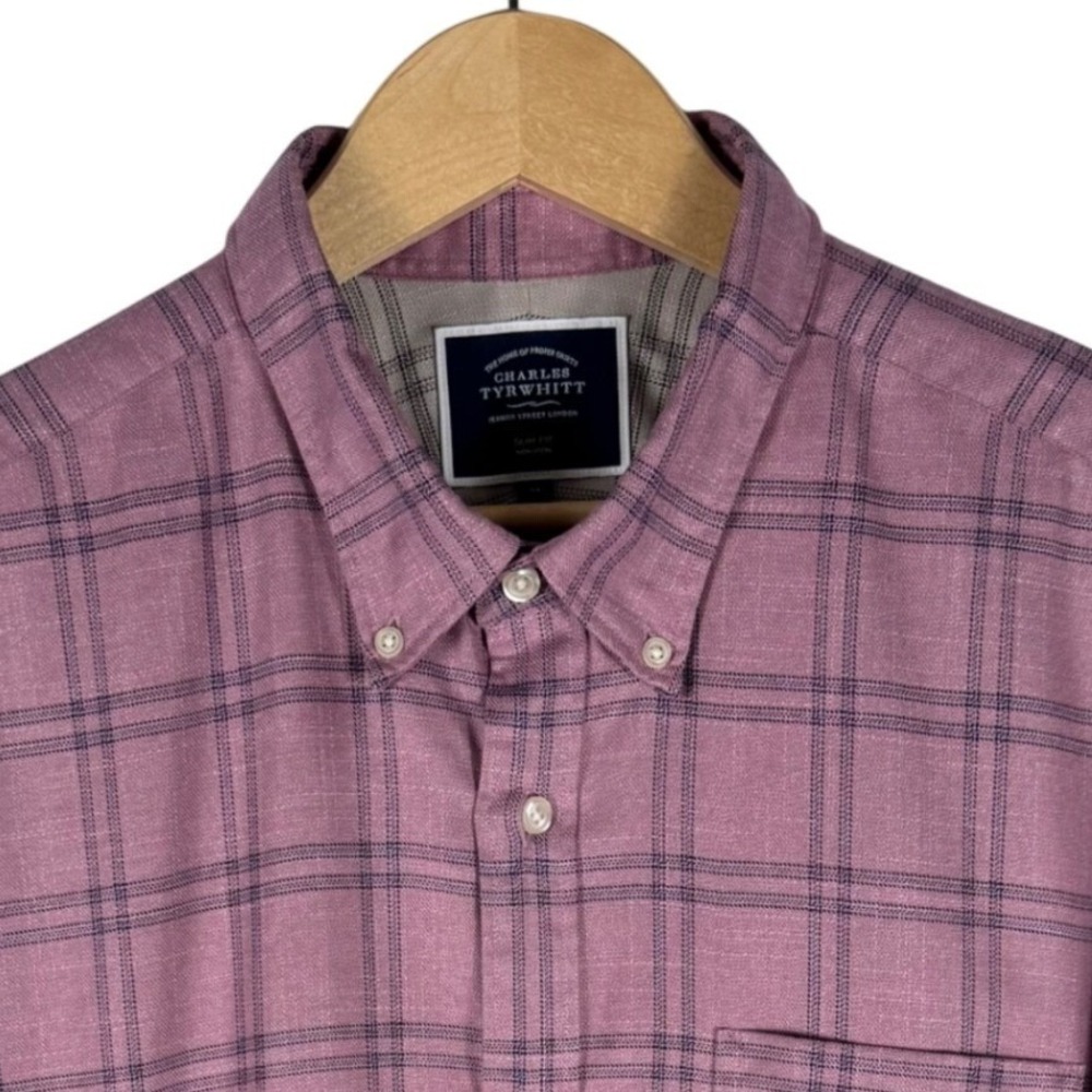 Charles Tyrwhitt Shirt Mens XL Slim Fit Non-Iron Check Button Down Pink Blue